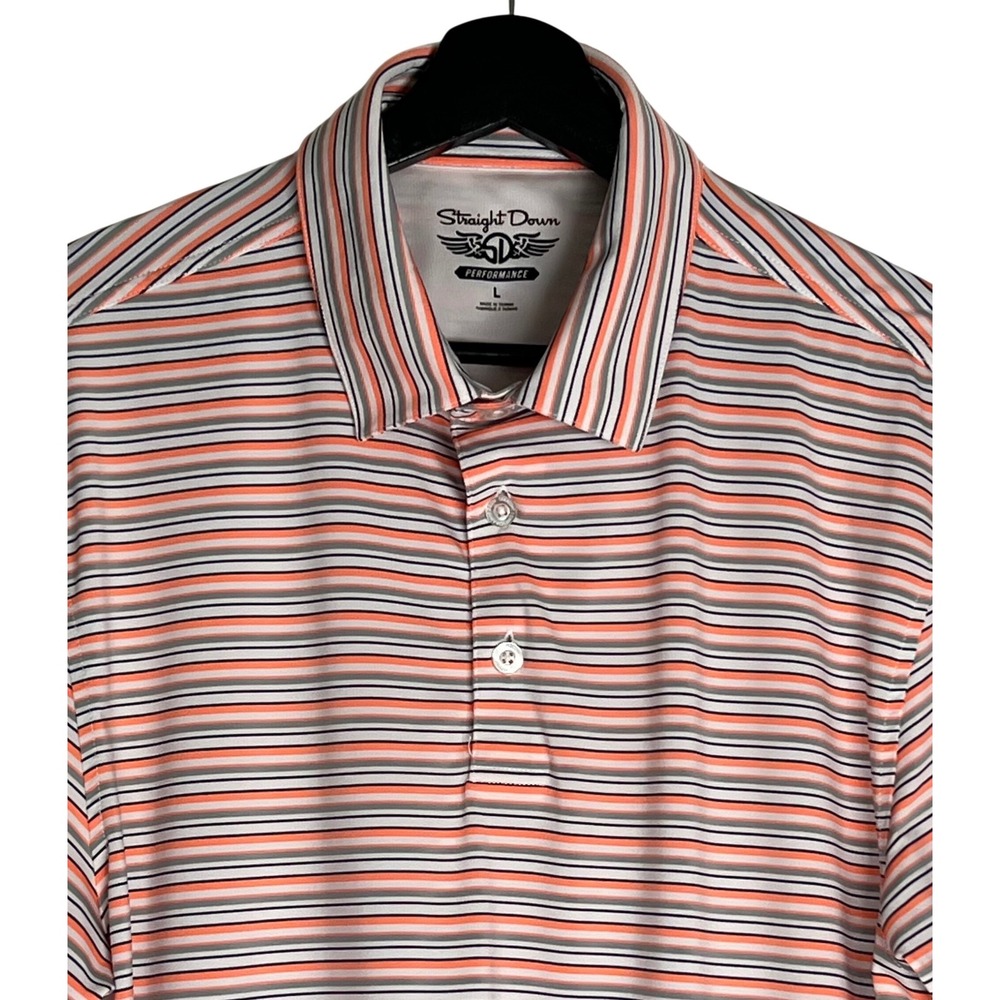 Straight Down Performance Golf Polo Shirt Mens Large Orange Gray Striped C 1903 - Picture 3 of 9